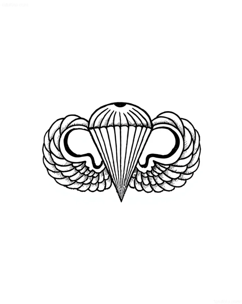 纹身草图:带有翅膀和'AIRBORNE'字样的空降兵象征降落伞,以黑白图形绘制