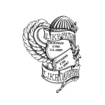 Эскиз тату с крыльями, беретом ВДВ и лентами с надписями 'Like Father' и 'Like Daughter', символизирующий преемственность службы и семейные узы.