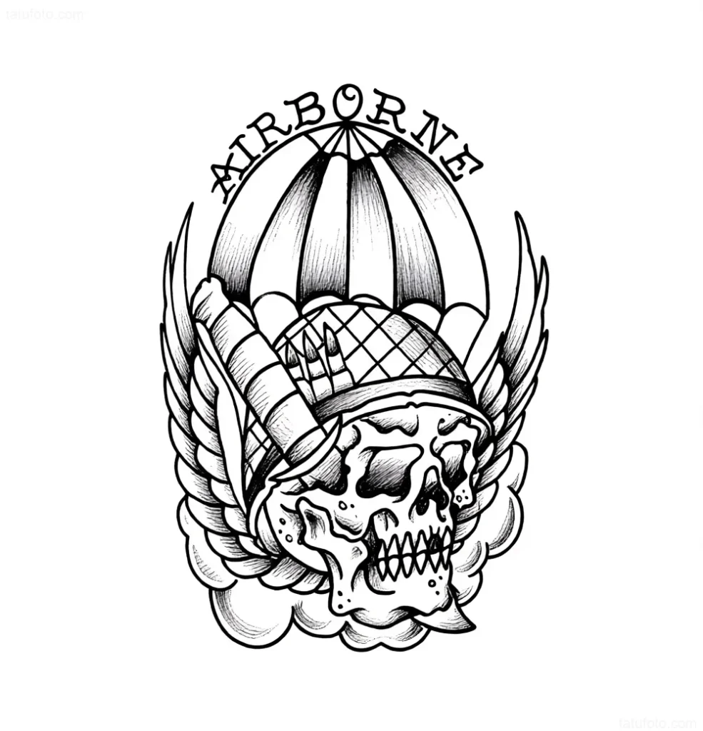 老派风格纹身草图:带有翅膀和降落伞的空降兵贝雷帽骷髅,'AIRBORNE'字样
