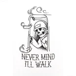 Татуировка скелета в шлеме ВДВ, выпрыгивающего из люка, с надписью "Never mind I'll walk"