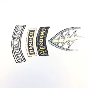 Эскиз тату с нашивками 'Special Forces', 'Ranger', 'Airborne' и крылатым парашютом, символизирующий элитные воинские подразделения.