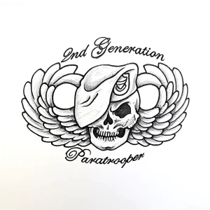 Эскиз татуировки: череп в берете ВДВ с крыльями и надписью "2nd Generation Paratrooper"