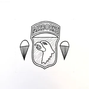 Тату с изображением эмблемы ВДВ: орел, парашюты и надпись AIRBORNE