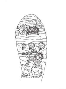 Эскиз татуировки с десантником, парашютами и флагом США с надписью Ranger Airborne