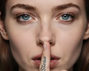 Крупный план лица женщины с татуировкой 'Silence' на пальце, прижатом к губам.