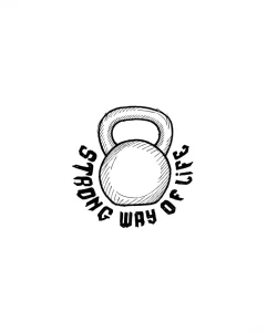 Эскиз татуировки гири с надписью 'Strong Way of Life' в круге, выполненный в стиле скетч