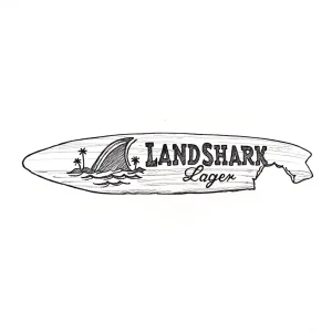 Эскиз тату в виде доски для серфинга с надписью "Landshark Lager" и плавником акулы