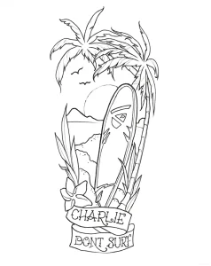 Эскиз тату с доской для серфа, пальмами, солнцем и надписью "Charlie Dont Surf"