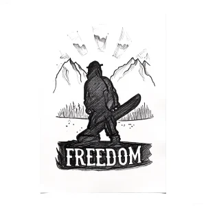 Эскиз татуировки: силуэт сноубордиста с доской на фоне гор и надписью FREEDOM