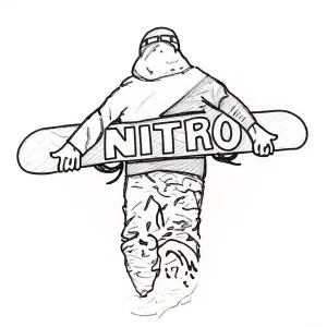 Эскиз татуировки: Сноубордист с доской Nitro, вид сзади, в движении