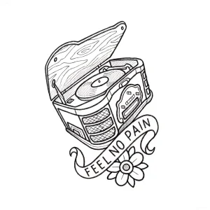 Эскиз татуировки: винтажный проигрыватель виниловых пластинок с лентой "FEEL NO PAIN" и цветком
