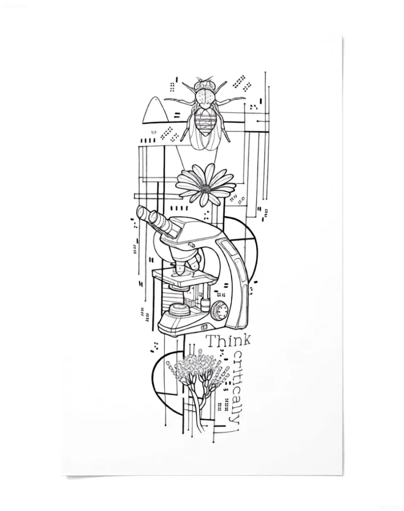 Tattoo sketch with a microscope, fly, flower, and tree, symbolizing scientific inquiry and critical thinking.