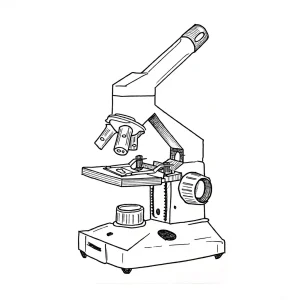 Черно-белый эскиз татуировки микроскопа, детально прорисованного с акцентом на механические элементы.
