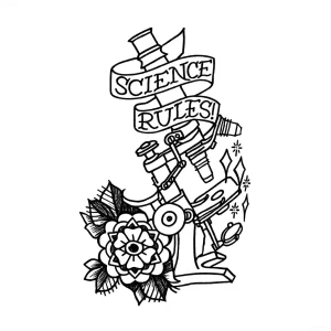 Эскиз татуировки микроскопа с лентой "Science Rules!" и цветами