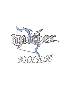 Эскиз тату 'Hunter' с луком, стрелой и датой в готическом стиле