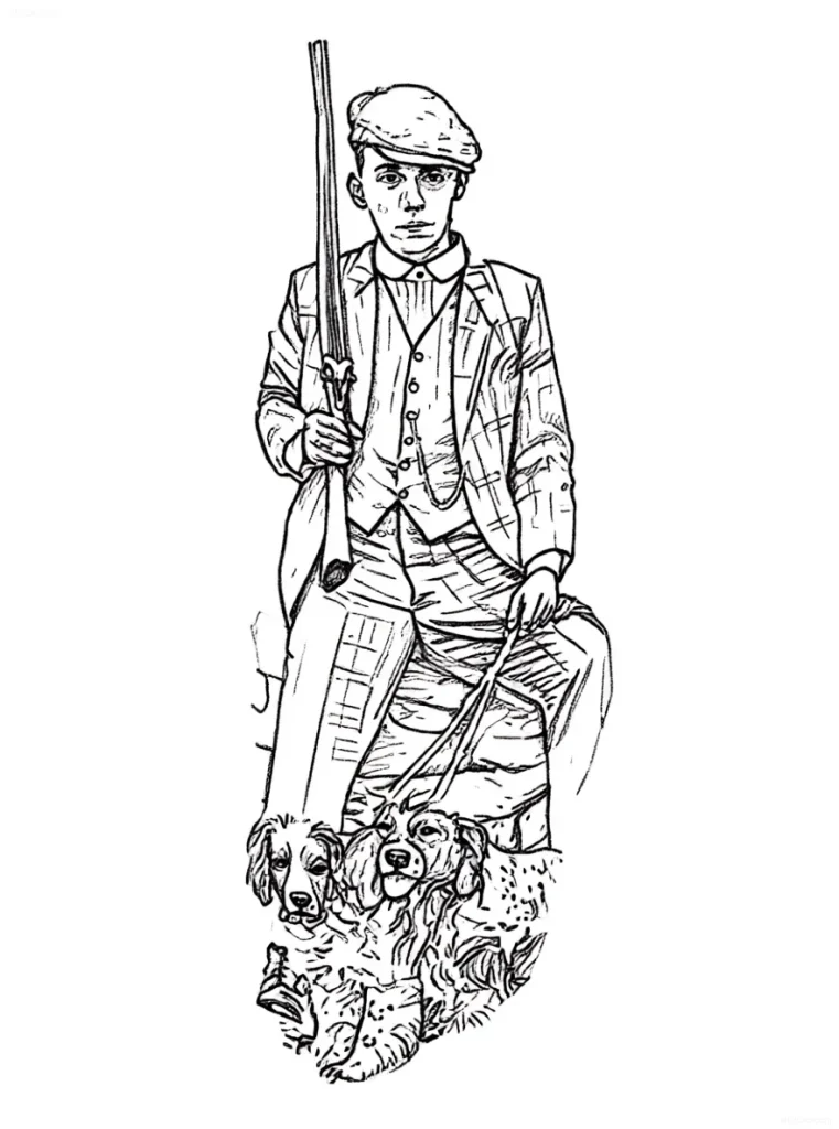 Tattoo sketch: Portrait of a hunter in a cap and checkered suit, holding a rifle, with two hunting dogs on a leash.