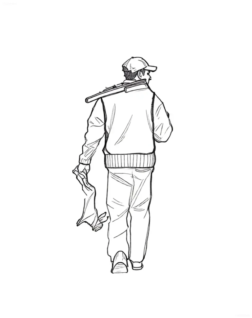 Tattoo sketch: silhouette of a man with a rifle on his shoulder, walking into the distance