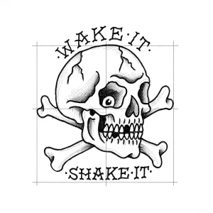 Эскиз татуировки черепа и скрещенных костей с надписями "WAKE IT" и "SHAKE IT"