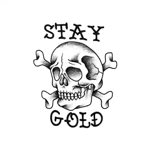 Эскиз татуировки: череп с улыбкой, скрещенные кости и надписи "STAY" и "GOLD"