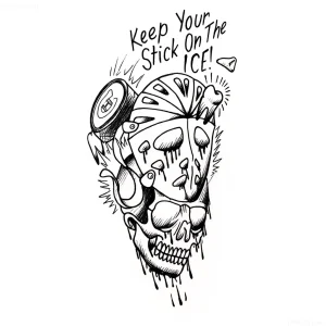Татуировка черепа в хоккейной маске с надписью 'Keep Your Stick On The ICE!'