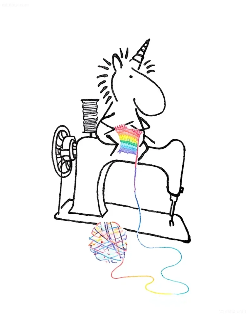 Sewing machine tattoo with a unicorn knitting a rainbow blanket