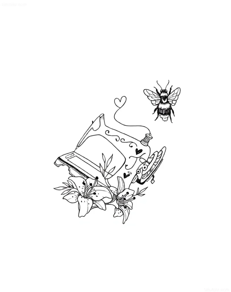 Sewing machine tattoo sketch with lilies and a bee