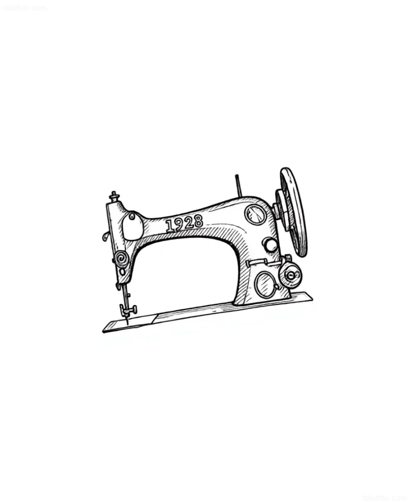 Sketch of a 1928 sewing machine tattoo in engraving style