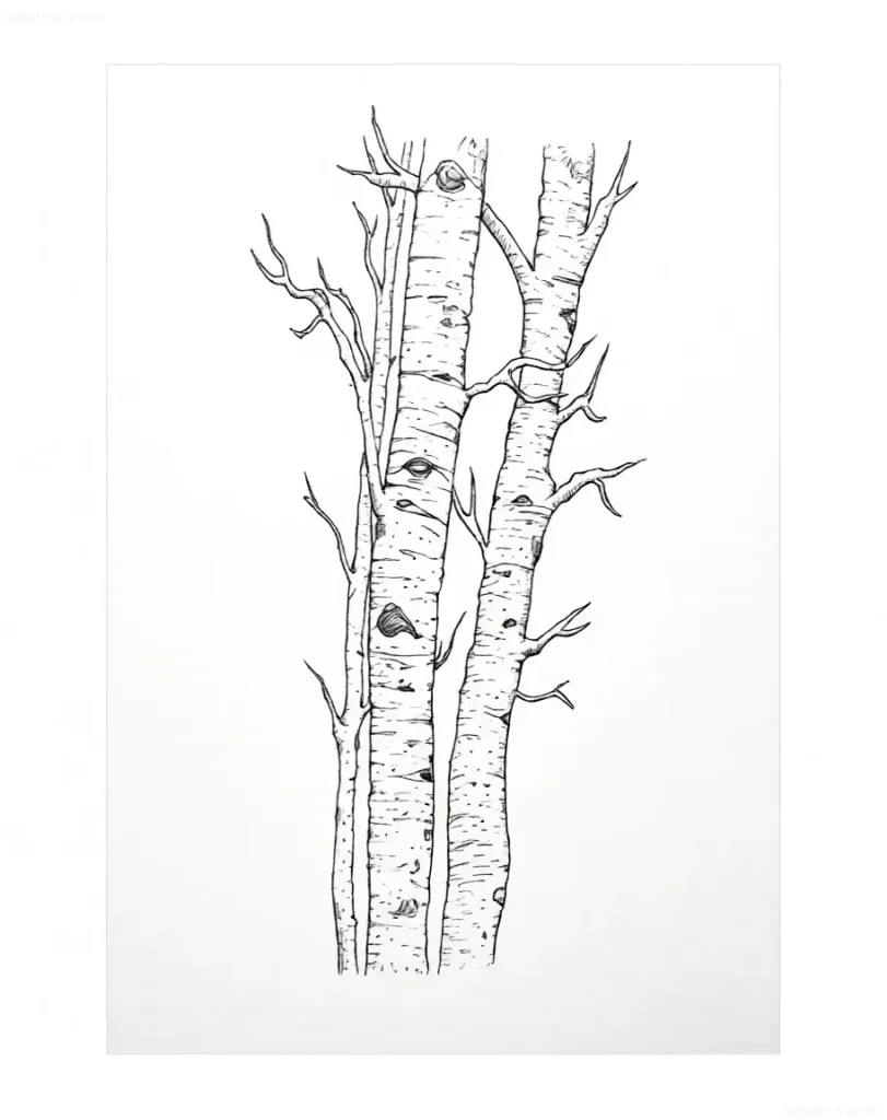 Tattoo sketch: three birch trunks in graphic style, depicted with black lines on a white background.