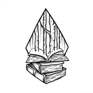 Эскиз тату: стопка открытых книг, из которых вырастают березы, заключенные в геометрическую форму