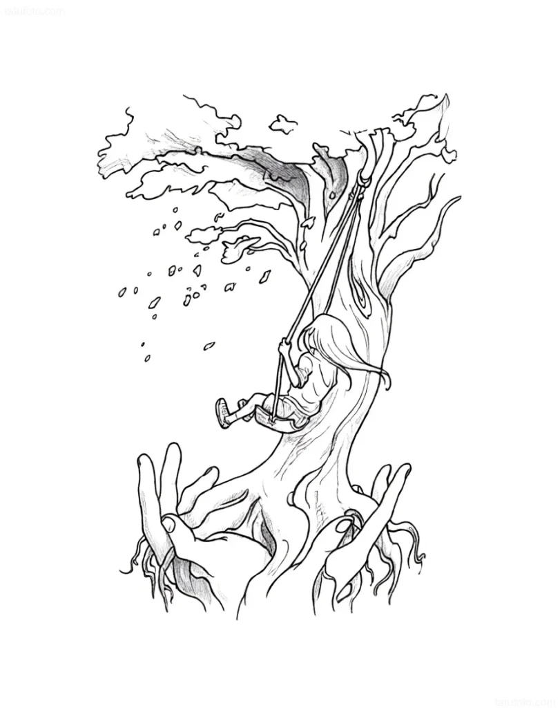 Croquis de tatouage : une fille sur une balançoire attachée à un arbre dont les racines sont soutenues par des mains