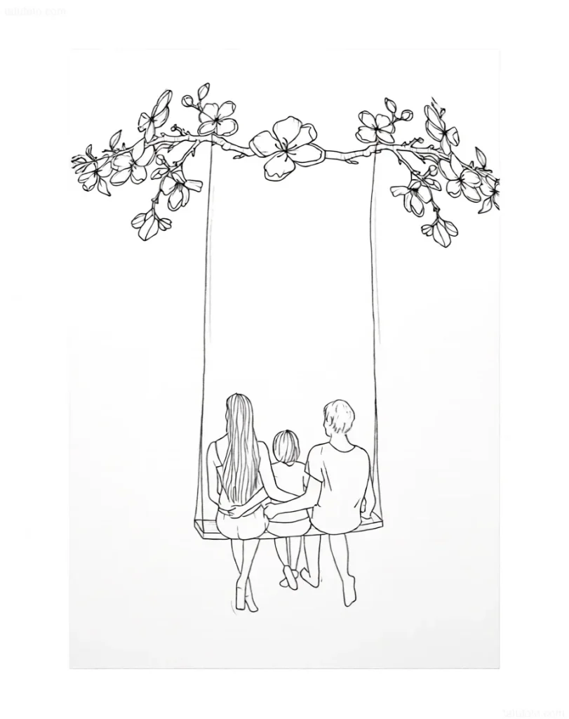 Croquis de tatouage : balançoire avec une branche d'arbre en fleurs et une famille assise dessus