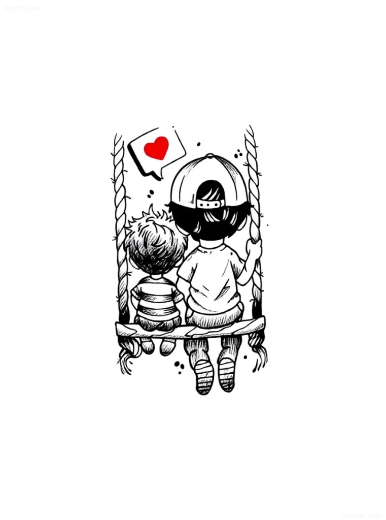 Croquis de tatouage : deux enfants assis sur une balançoire, avec un cœur rouge dessiné dans un nuage au-dessus d'eux.