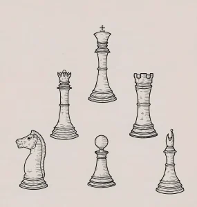Набор татуировок шахматных фигур: король, королева, ладья, конь, пешка и слон, выполненных в винтажном стиле с контурным рисунком.