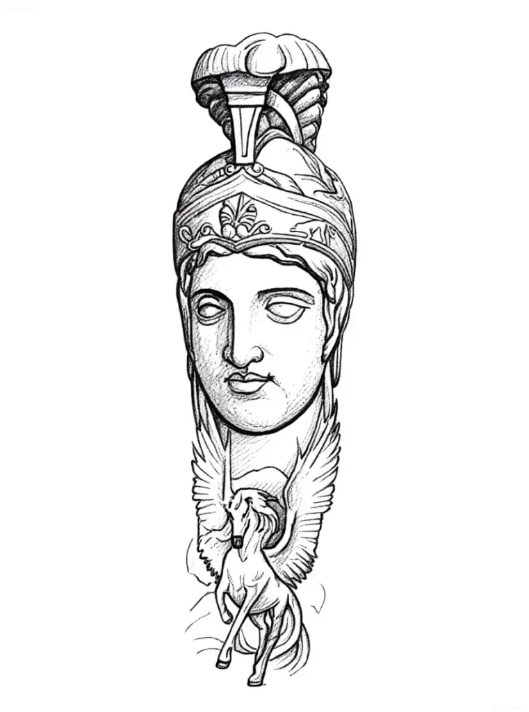 Black and white tattoo sketch: head of the ancient Greek god of war Ares in a helmet with a Pegasus spreading its wings