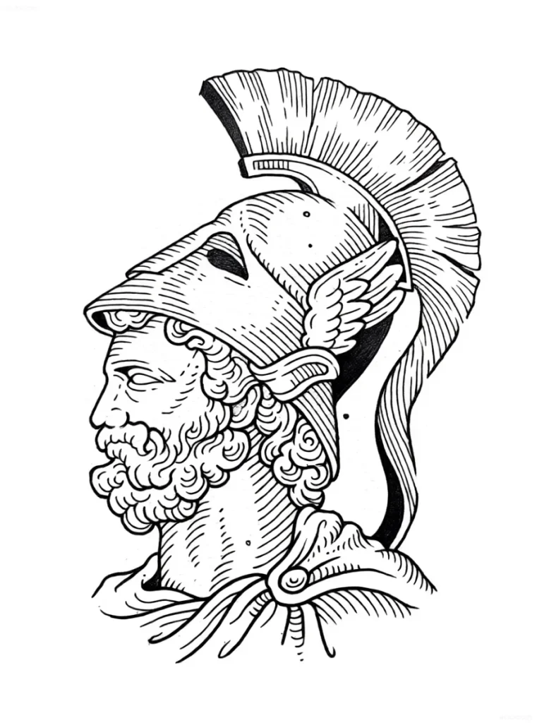Graphic sketch of the head of the ancient Greek god of war Ares in a helmet with a crest and wings
