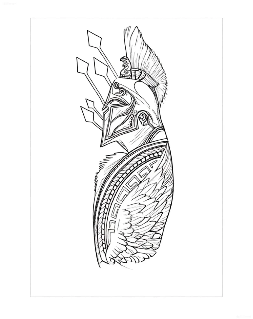 Graphic sketch tattoo depicting the helmet of the ancient Greek god of war Ares with feathers and spears, as well as part of a wing with patterns.