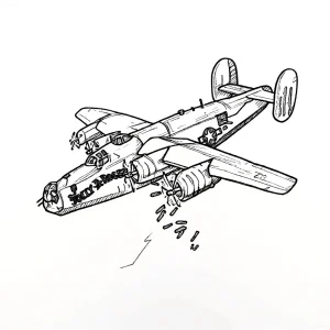 Эскиз тату бомбардировщика B-24 Liberator в полете, сбрасывающего бомбы.
