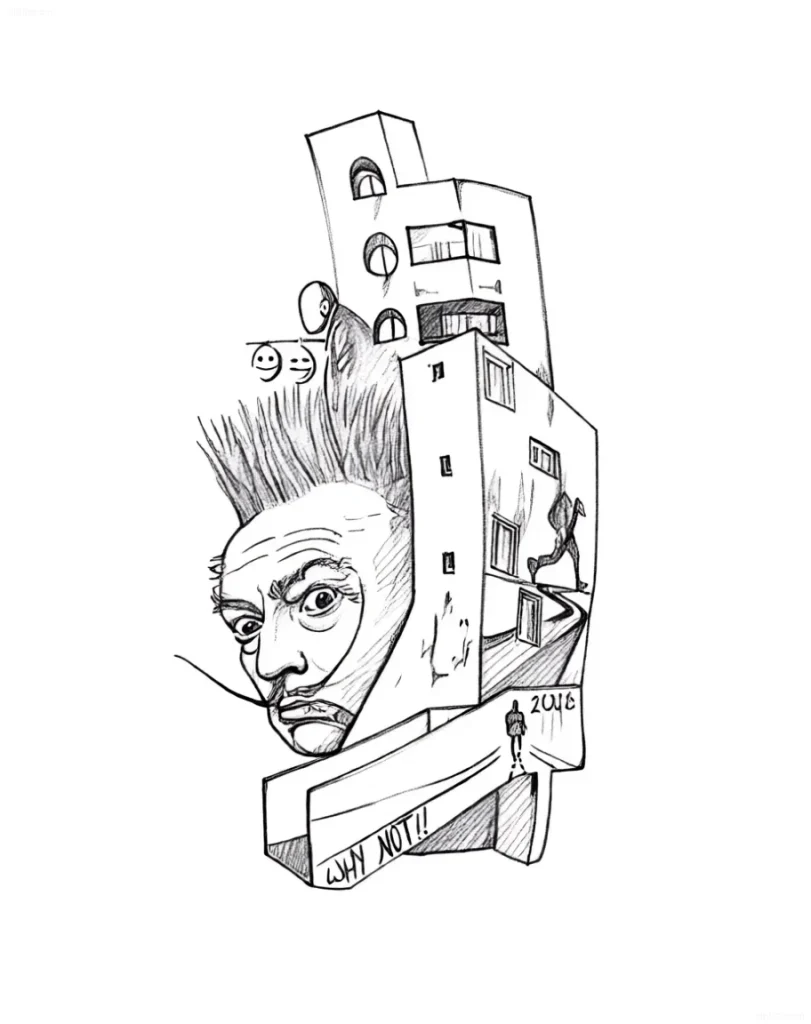 Boceto de tatuaje: Retrato surrealista de Salvador Dalí sobre un fondo de edificios distorsionados y elementos abstractos, que simboliza la creatividad y el pensamiento no convencional.