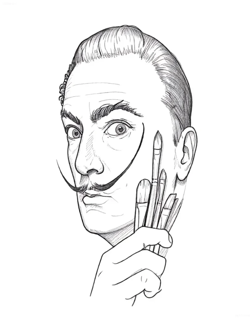 Boceto de tatuaje: Retrato de Salvador Dalí con bigotes y pinceles en la mano, realizado en estilo gráfico.