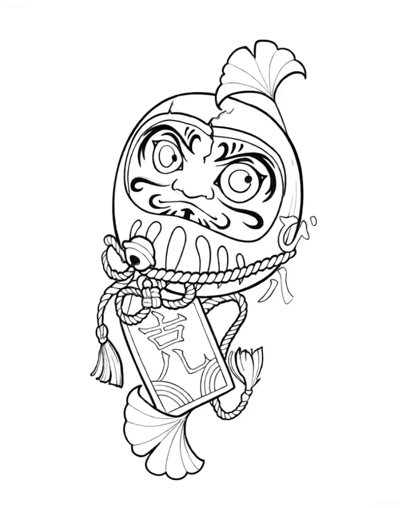 Daruma-Tattoo-Entwurf mit japanischen Hieroglyphen und Elementen traditioneller japanischer Kunst.