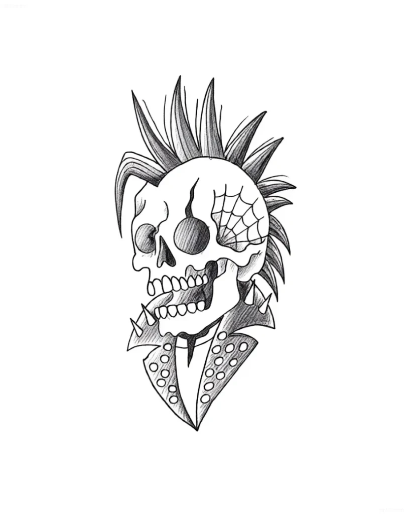Tatouage de crâne avec un mohawk, une toile d'araignée dans l'orbite et une veste en cuir, réalisé dans un style old school.