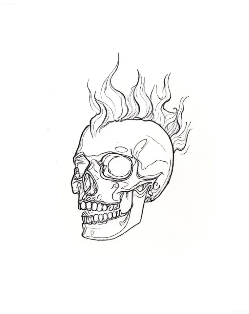 Croquis de tatouage : crâne avec un mohawk en forme de flammes, réalisé dans un style graphique.