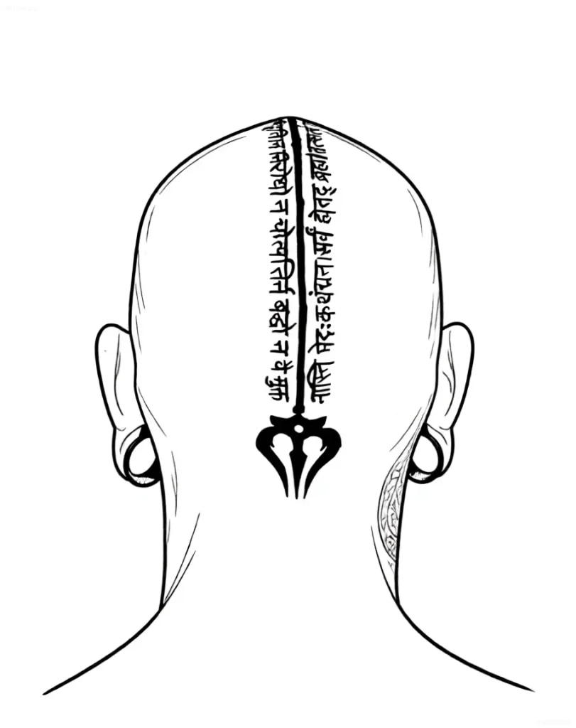 Tatouage d'un trishula (trident) avec une inscription sanskrite à l'arrière de la tête