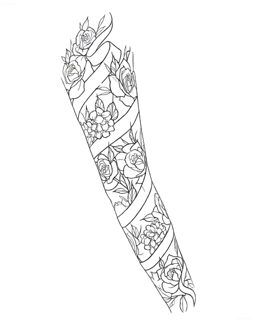 Tattoo sketch in the form of a sleeve decorated with roses, small flowers, and intertwined ribbons