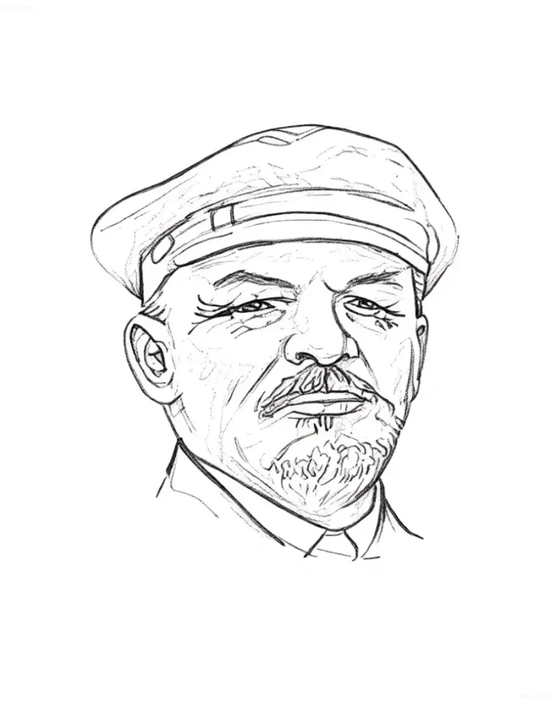 Tattoo-Entwurf: Porträt von Wladimir Lenin mit Mütze, ausgeführt im Linienzeichnungsstil