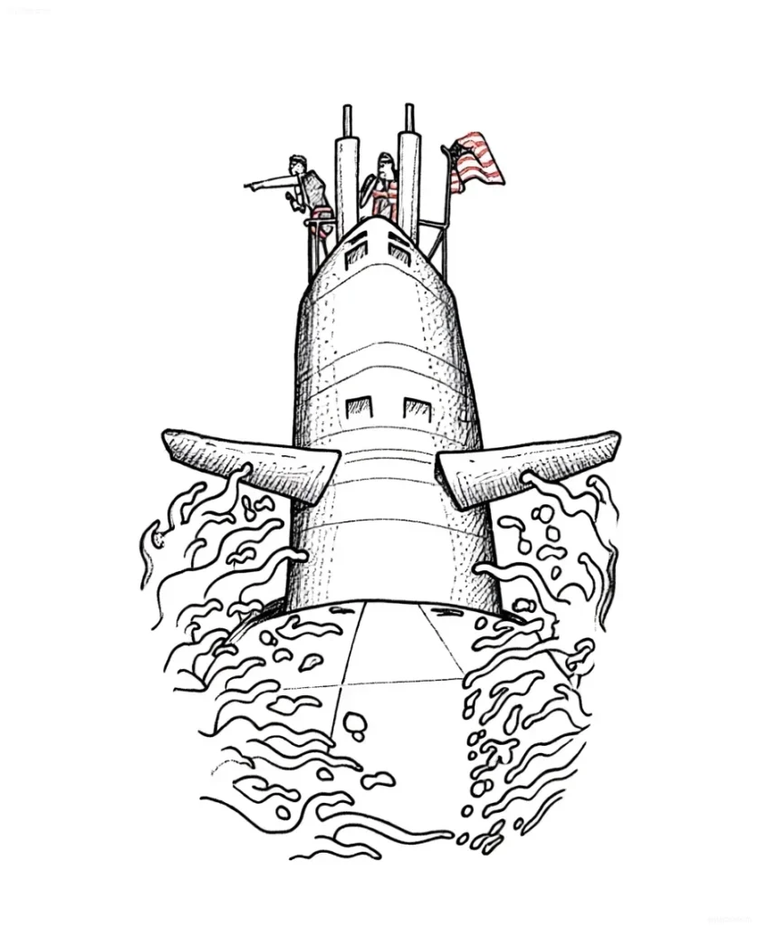 Grafik-Tattoo-Skizze, die den Bug eines U-Boots zeigt, das aus dem Wasser auftaucht. Auf dem Deck sind zwei Figuren zu sehen, von denen eine nach vorne zeigt, und eine Flagge weht am Mast. Um den Rumpf des U-Boots sind Spritzer und Wellen dargestellt.