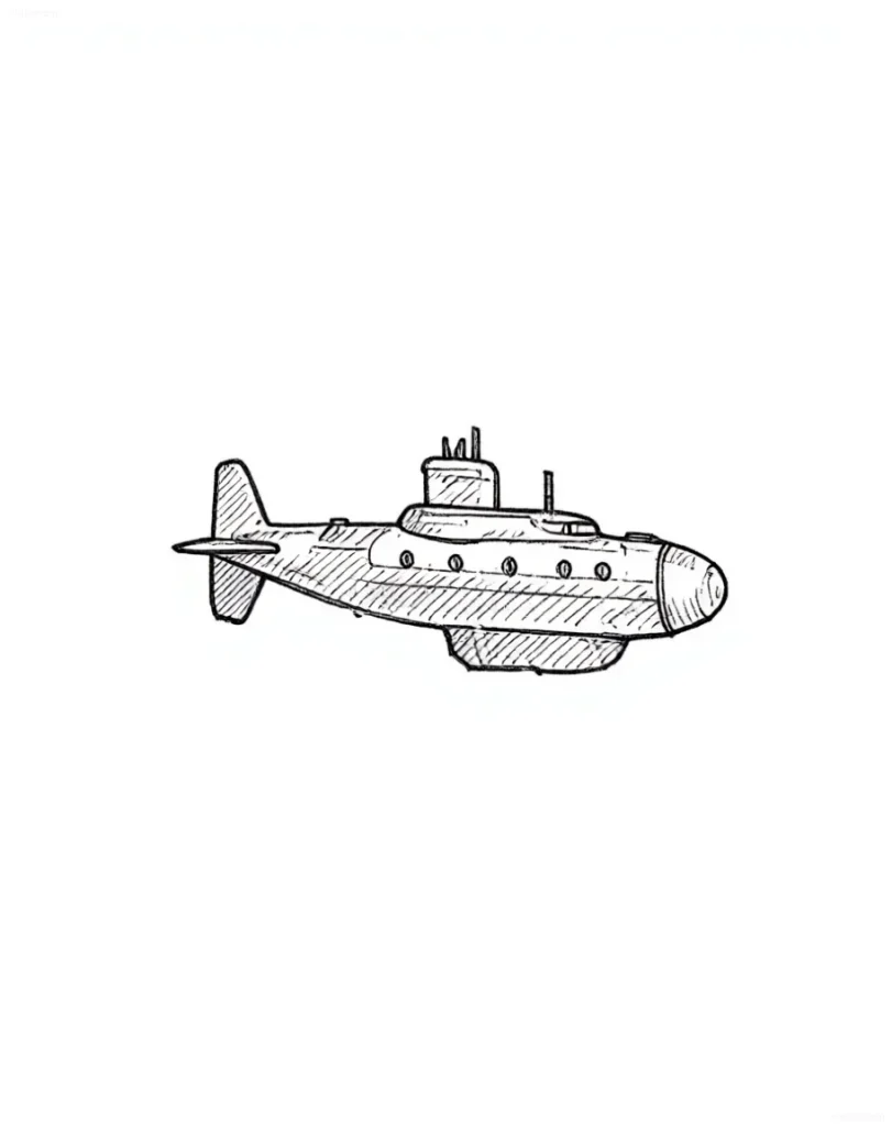 Schwarz-weiße Skizze eines U-Boot-Tattoos im Sketch-Stil