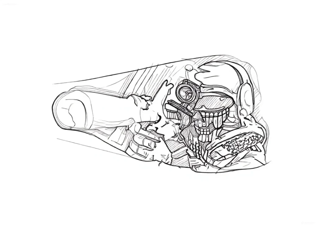 Tattoo sketch: A detailed skull in a helmet with headphones, holding a sniper rifle, looking through an optical sight.