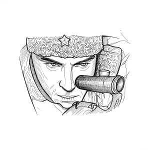 Эскиз тату: портрет снайпера в шапке с ушами и звездой, смотрящего через оптический прицел винтовки, выполненный в черно-белой графике.