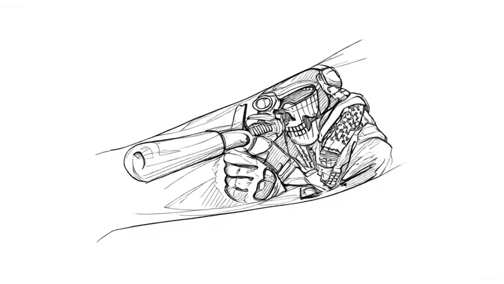 Tattoo sketch: A sniper's skull in a tactical mask, holding a rifle with an optical sight, in black and white graphics.